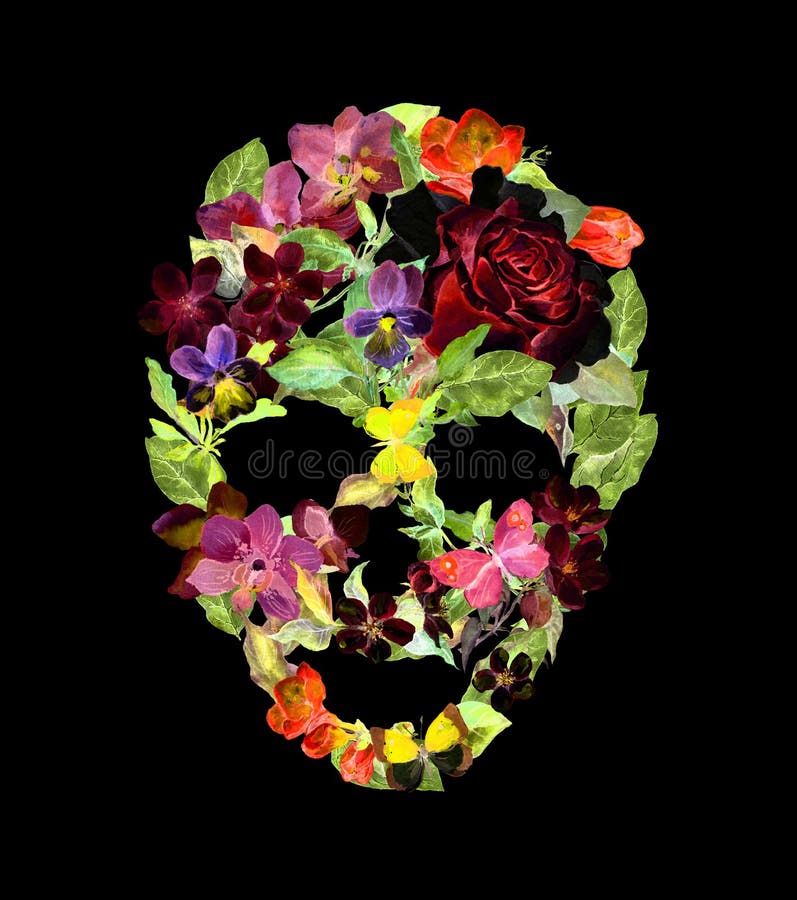 Scull z kwiatami dla Halloween akwarela fotografia royalty free Scull z kwiatami dla Halloween akwarela fotografia royalty free