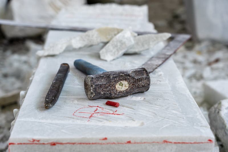 Sculptor Tools On A Marble Slab, Close Up. Workplace, Traditional Tools