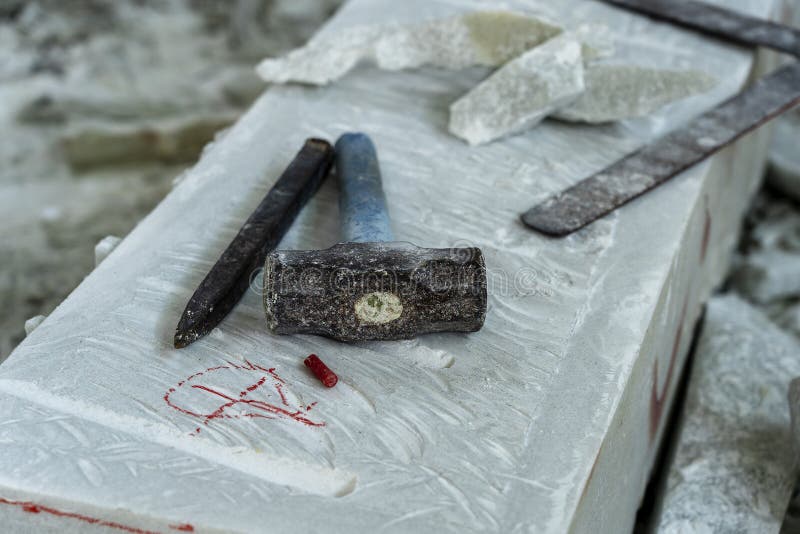 Sculptor Tools on a Marble Slab, Close Up. Workplace, Traditional Tools