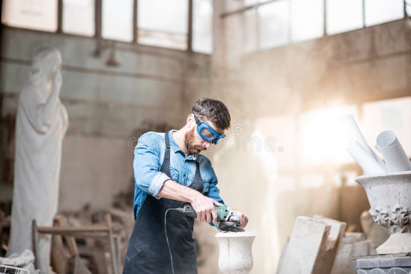 Sculptor Working with Sculptures in the Studio Stock Photo Image of