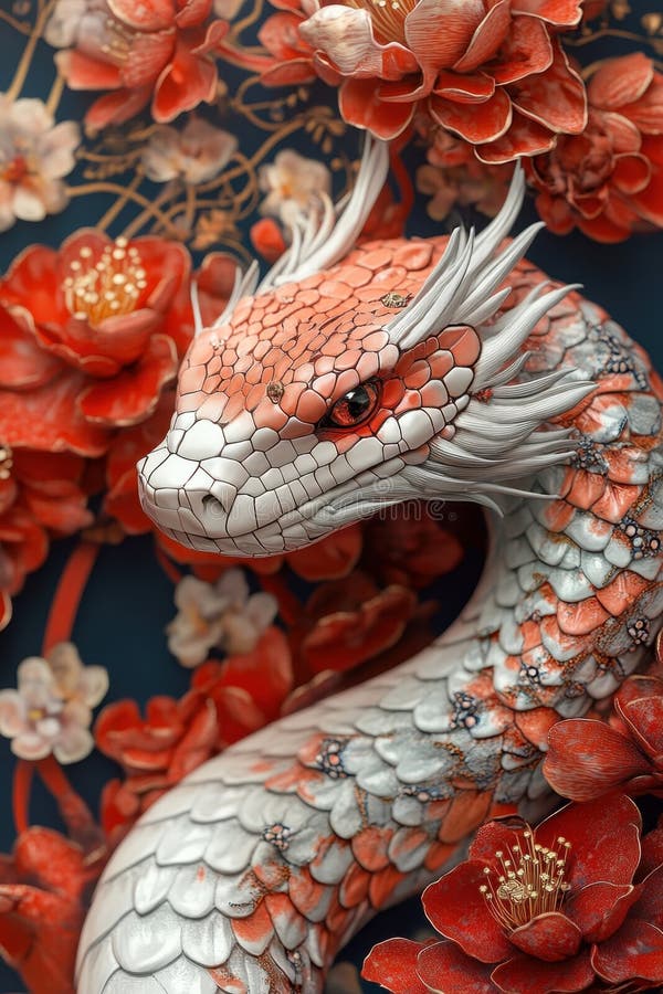Colorful serpent sculpture adorned with floral elements showcases intricate craftsmanship and design in a stunning stock photography