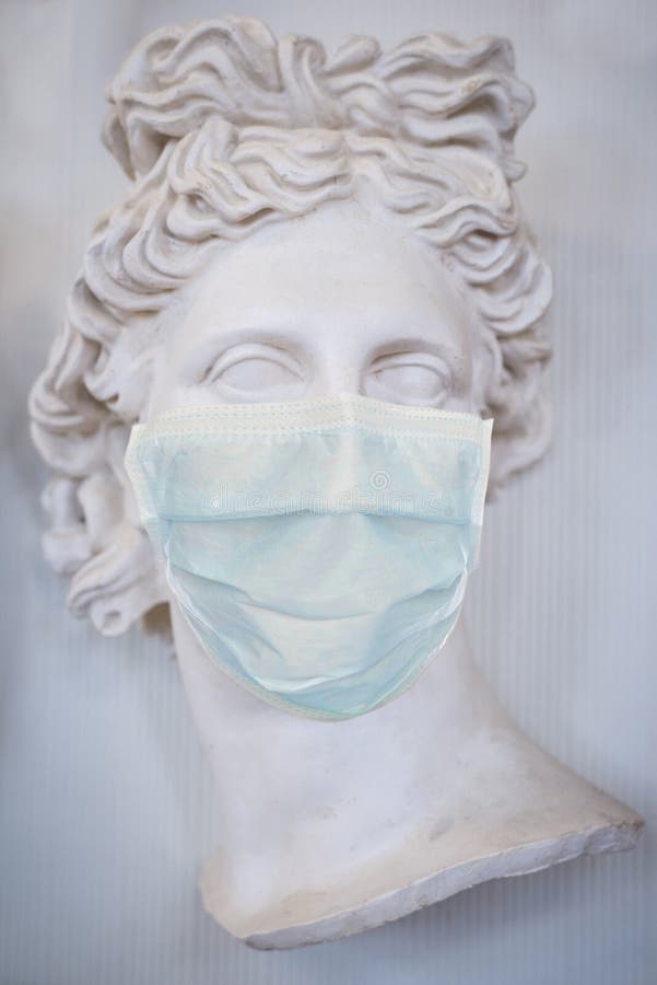 Sculpture of the Face of a Beautiful Greek Woman in a Medical Mask