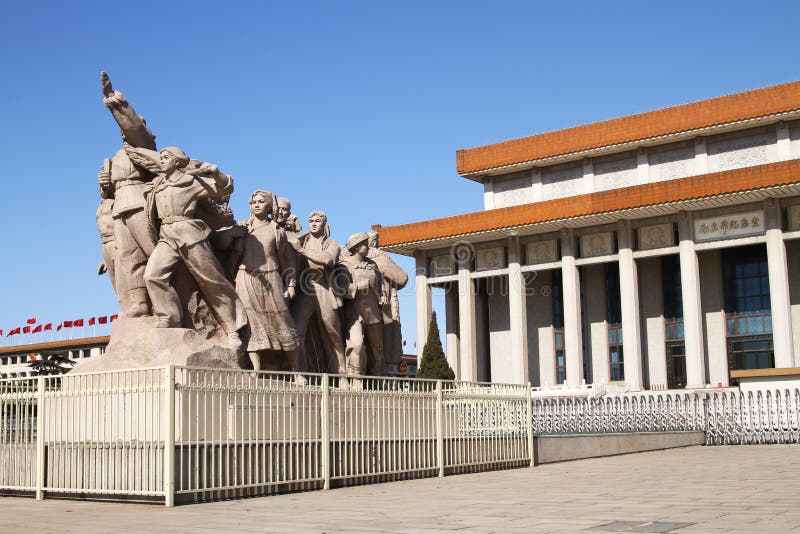 In front of both southern and northern entrances of the Chairman Mao Hall, there stand two 8.7-meter-high large sculptures on each side. The four sculptures include a total of 62 individuals. They present some of the great achievements the Chinese people made under the leadership of Chairman Mao. Beijing China. In front of both southern and northern entrances of the Chairman Mao Hall, there stand two 8.7-meter-high large sculptures on each side. The four sculptures include a total of 62 individuals. They present some of the great achievements the Chinese people made under the leadership of Chairman Mao. Beijing China.