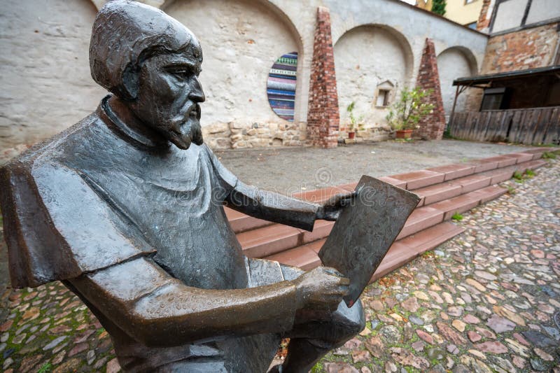 Sculpture of Lucas Cranach the Elder at Cranach Houses and Courtyards in Wittenberg stock images