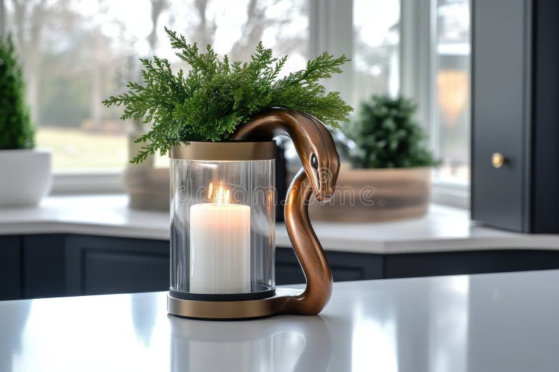 Sculpture in modern kitchen, a bronze snake sculpture coils around a lantern, casting shadows in a contemporary kitchen stock photo