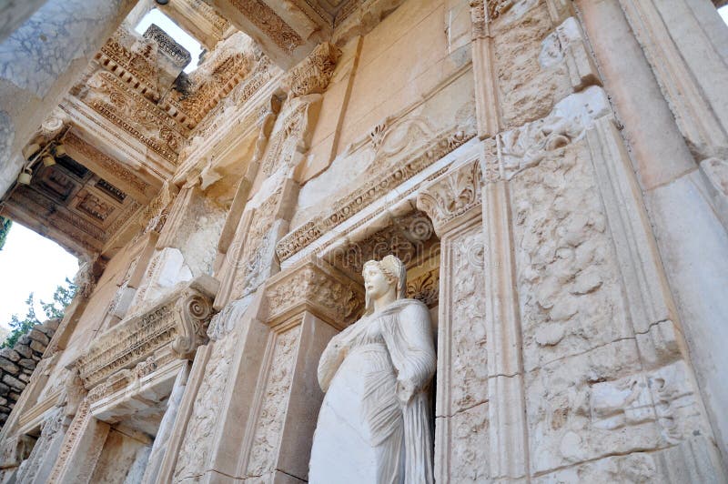 Sculpture relief from the facade of ancient The Library of Celsus at Ephesus, Turkey royalty free stock photography