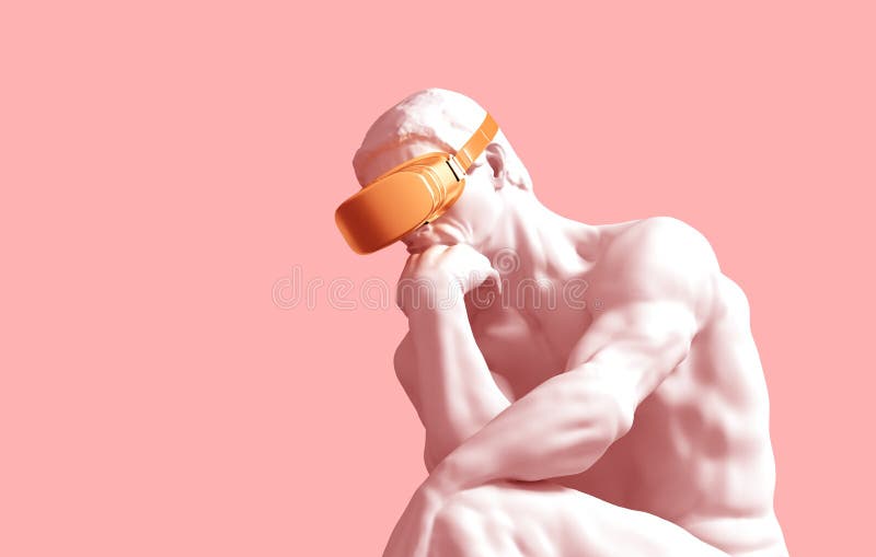 Sculpture Thinker With Golden VR Glasses On Pink Background