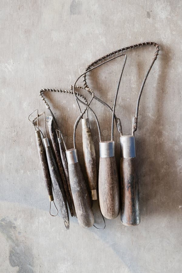 Sculpture Tools. Art And Craft Tools On Wood Background Stock Photo