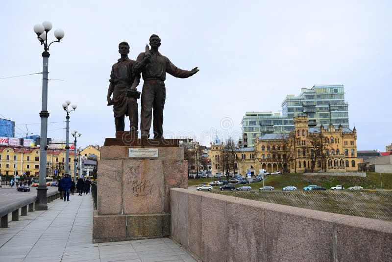 Sculptures on the green bridge representing soviet art stock photo Sculptures on the green bridge representing soviet art stock photo