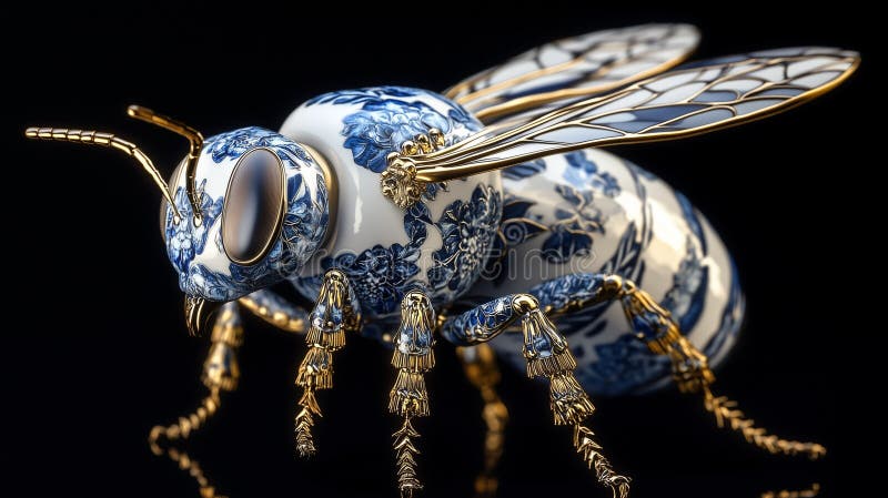 Sculptură de albine din porțelan cu model Blue Willow și accente de aur stock illustration