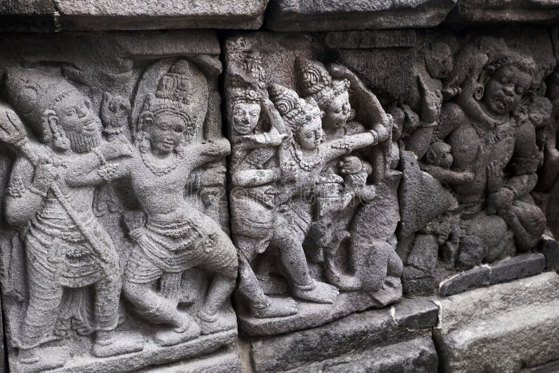 The temple is adorned with panels of narrative bas-reliefs telling the story of the Hindu epic Ramayana and Bhagavata Purana. The narrative bas-relief panels were carved along the inner balustrades wall on the gallery around the three main temples. The bas-relief of Ramayana illustrate how Sita, the wife of Rama, is abducted by Ravana. The temple is adorned with panels of narrative bas-reliefs telling the story of the Hindu epic Ramayana and Bhagavata Purana. The narrative bas-relief panels were carved along the inner balustrades wall on the gallery around the three main temples. The bas-relief of Ramayana illustrate how Sita, the wife of Rama, is abducted by Ravana.