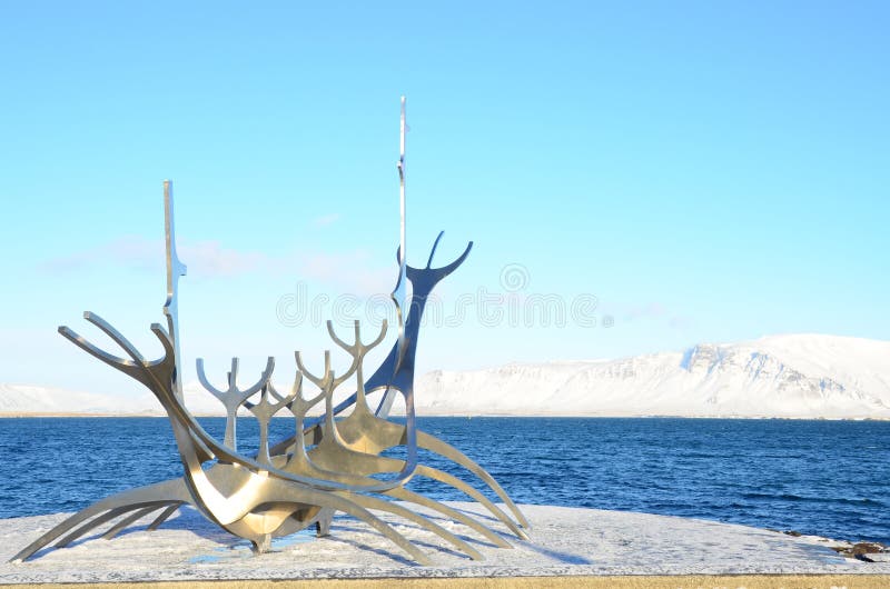 A view of the sun voyager sculpture in winter in Reykjavik. A view of the sun voyager sculpture in winter in Reykjavik