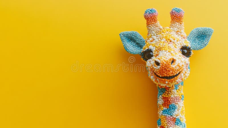 Scultura della testa di giraffa realizzata con lenticchie colorate visualizzate su sfondo giallo fotografia stock libera da diritti