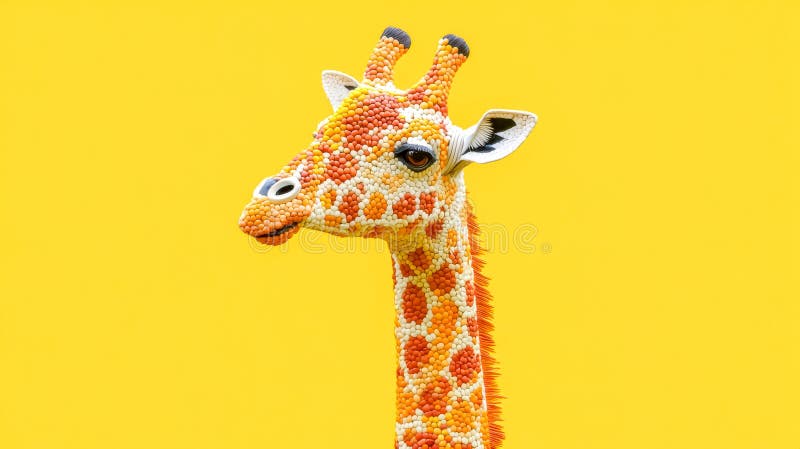 Scultura di giraffa con lenticchie colorate su sfondo giallo fotografia stock