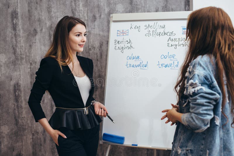Scuola di lingua inglese Conversazione di lezione, dell'insegnante e dello studente immagini stock libere da diritti Scuola di lingua inglese Conversazione di lezione, dell'insegnante e dello studente immagini stock libere da diritti