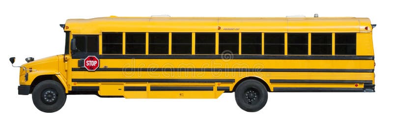 Scuolabus giallo tipico isolato su bianco