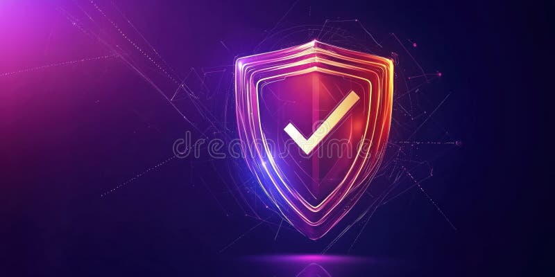 Scut de securitate digital cu simbol de bifă reprezentând protecție și încredere. IA generat