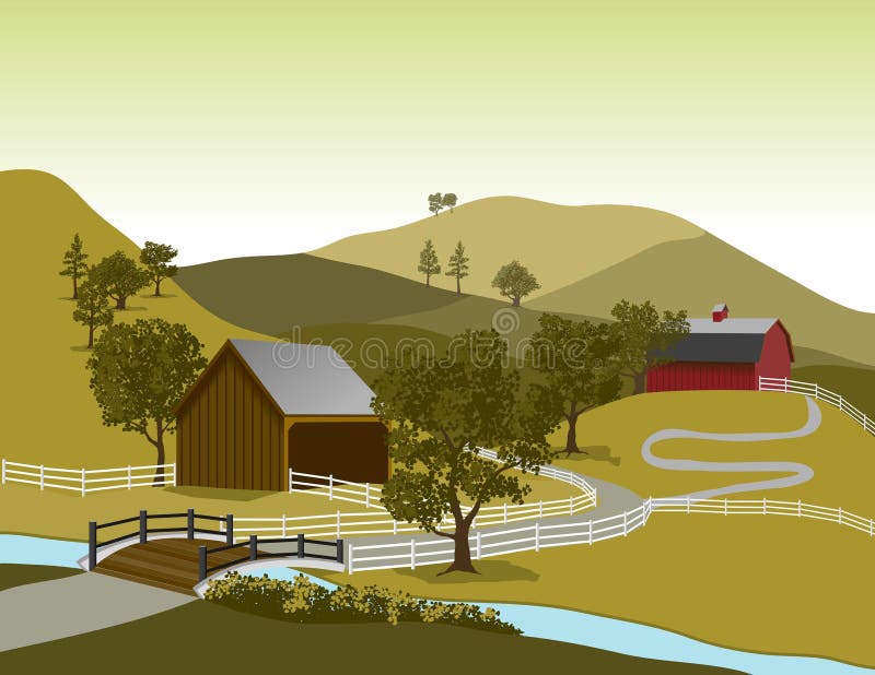 Illustration of a typical American farm scene with two barns. Illustration of a typical American farm scene with two barns.