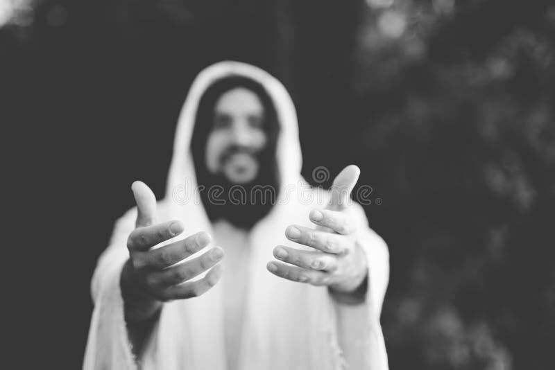 Scène biblique - de Jésus-Christ prêtant main forte en noir et blanc image libre de droits Scène biblique - de Jésus-Christ prêtant main forte en noir et blanc image libre de droits