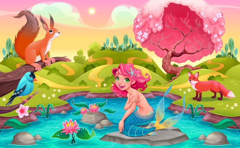 Scène d'imagination avec la sirène et les animaux illustration stock Scène d'imagination avec la sirène et les animaux illustration stock