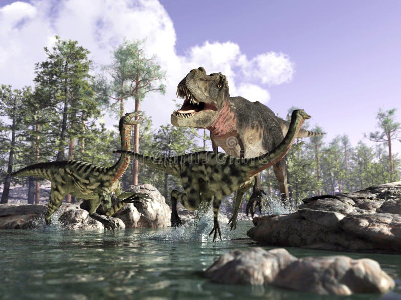 Scène de 3 D de T Rex, chassant deux Gallimimus.