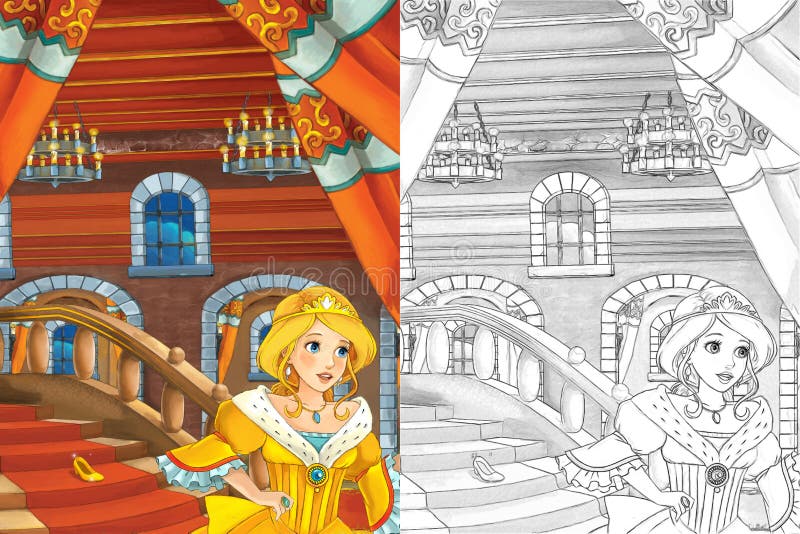 Scène de bande dessinée avec la belle princesse sortant du château - belle fille de manga - avec la page de coloration illustration stock Scène de bande dessinée avec la belle princesse sortant du château - belle fille de manga - avec la page de coloration illustration stock