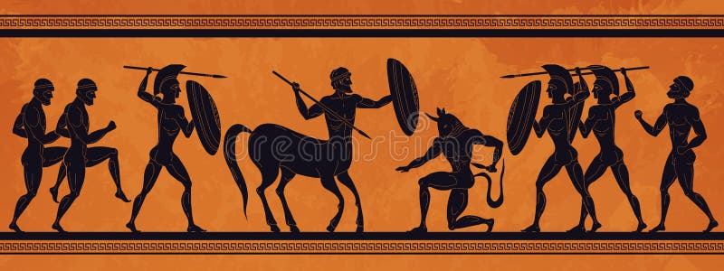 Scène de la Grèce antique Les silhouettes de la mythologie historique avec les dieux et les centaures, les figures et le motif de