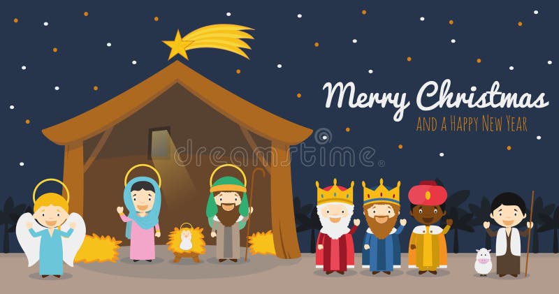 Scène de nativité de Noël avec la famille sainte et trois sages illustration de vecteur Scène de nativité de Noël avec la famille sainte et trois sages illustration de vecteur