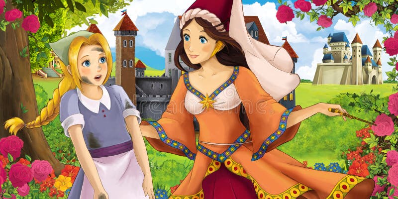 Scène de nature de bande dessinée avec de beaux châteaux près de la forêt avec la belles jeunes sorcière de princesse et fille - illustration libre de droits Scène de nature de bande dessinée avec de beaux châteaux près de la forêt avec la belles jeunes sorcière de princesse et fille - illustration libre de droits