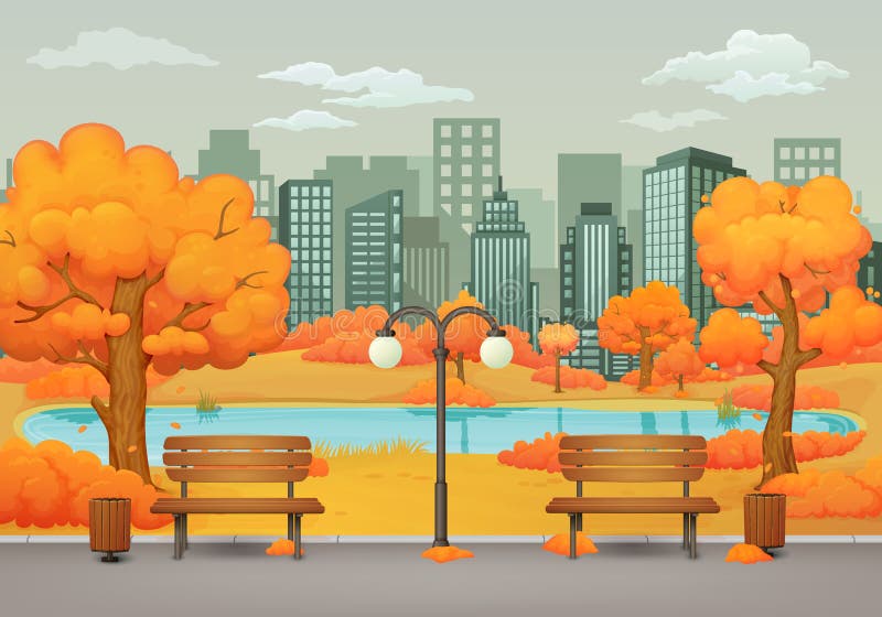 Scène de parc de jour d'automne Bancs, poubelles et réverbère sur une traînée de parc avec des arbres et des buissons Pré, lac et illustration stock Scène de parc de jour d'automne Bancs, poubelles et réverbère sur une traînée de parc avec des arbres et des buissons Pré, lac et illustration stock