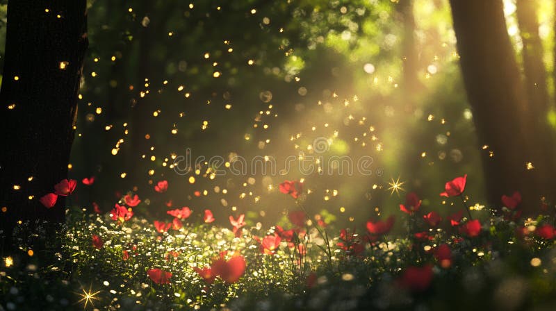 Scène Forêt Magique Fleurs rouges Poussière dorée Art solaire chaleureux flore douce arbres. IA générative