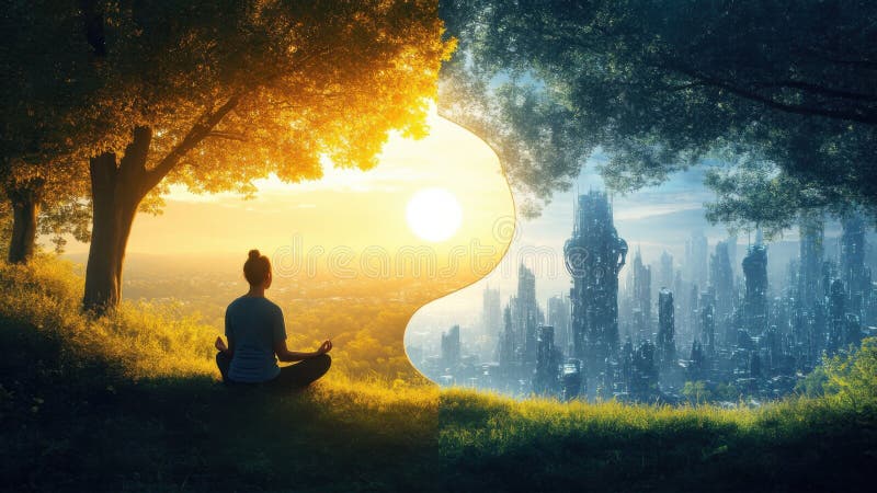 Scène méditative dans la nature se fond avec un paysage urbain futuriste. un concept du yinyang symbolise l'équilibre entre la bri illustration libre de droits