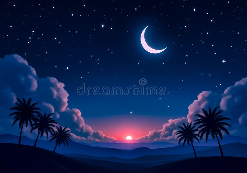 Scène nocturne avec Crescent Moon brillant dans le ciel étoilé et silhouettes de palmiers dans le désert illustration stock