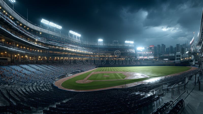 Scène nocturne dramatique d'un stade de baseball vide sous un ciel orageux illustration stock