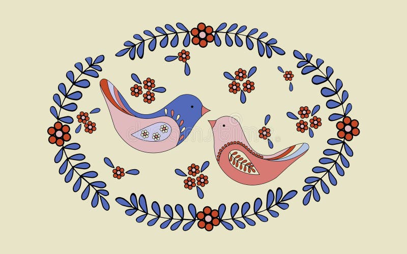Scène romantique de ressort, une paire d'oiseaux d'amour construire un nid illustration stock Scène romantique de ressort, une paire d'oiseaux d'amour construire un nid illustration stock