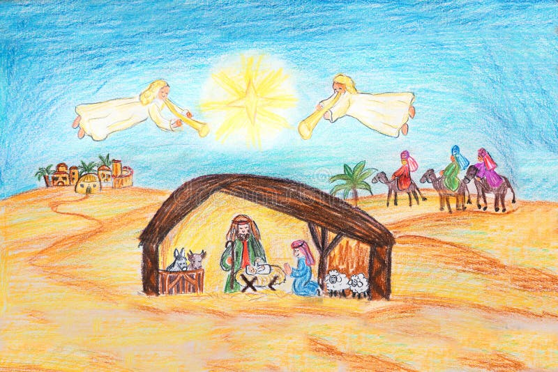 Nativity scene with holy family and angels playing the trumpet. in the background the three kings and bethlehem town. hand drawn with crayons. Nativity scene with holy family and angels playing the trumpet. in the background the three kings and bethlehem town. hand drawn with crayons.