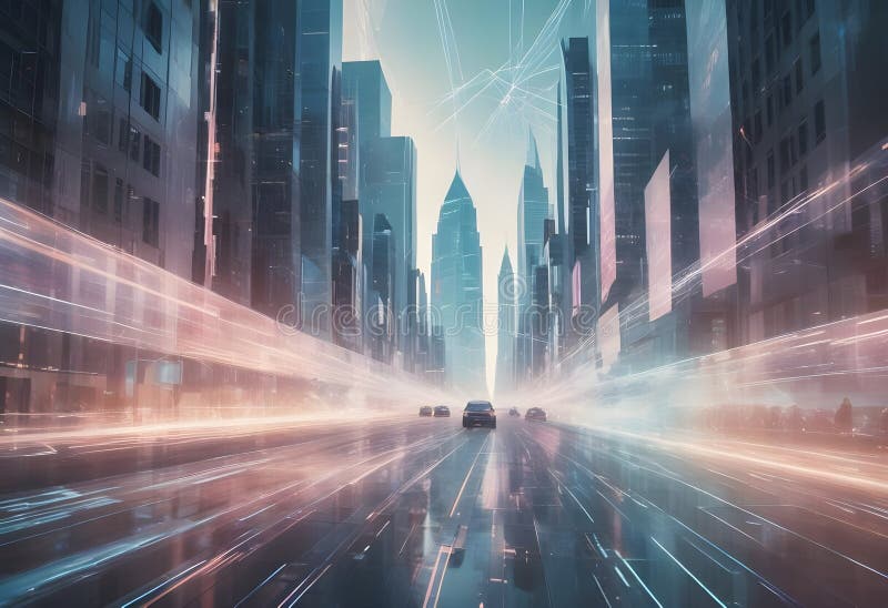 Scène urbaine futuriste avec un réseau de lignes lumineuses qui relient les immeubles et quelques voitures qui circulent. impression de haute qualité.