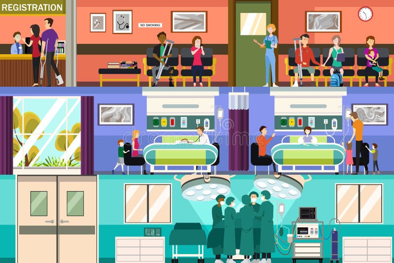 Scènes à la chambre de secours d'hôpital et à la salle de chirurgie illustration libre de droits Scènes à la chambre de secours d'hôpital et à la salle de chirurgie illustration libre de droits