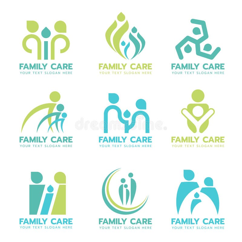 Scénographie vert-bleu de vecteur de signe de logo de soin de famille illustration stock Scénographie vert-bleu de vecteur de signe de logo de soin de famille illustration stock
