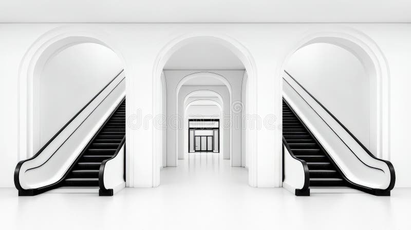 Scările rulante simetrice de culoare albă, care duc la infinit, punând accentul pe o simetrie minimalistă modernă a estetică arhit vector illustration