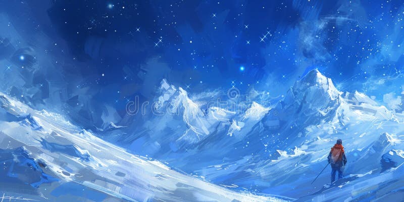 Sdraiato contro il cielo, un uomo trionfamente si trova su una montagna coperta di neve circondata da un vasto bianco fotografia stock libera da diritti