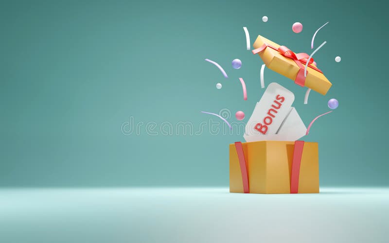 Se abre el concepto de representación 3d de una caja actual. 3 d concepto de representación de una caja presente se abre para mostrar elementos geométricos de lujo y papeles de bonificación para el diseño comercial Ilustración 3d