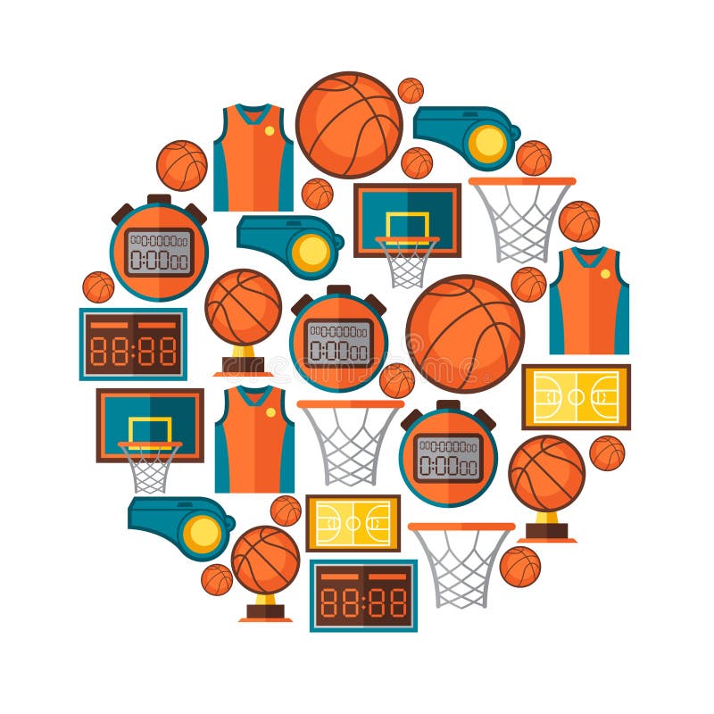 Se divierte el fondo con los iconos del baloncesto en plano ilustración del vector Se divierte el fondo con los iconos del baloncesto en plano ilustración del vector