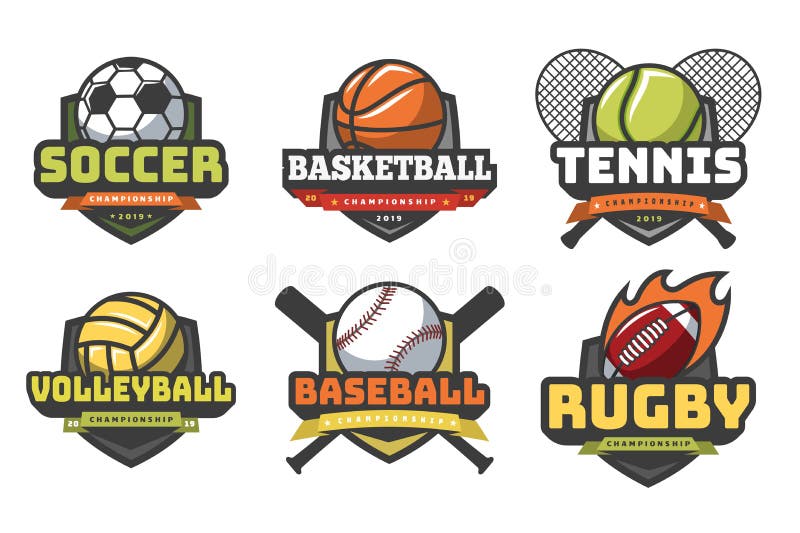 Se divierte logotipos de las bolas Emblemas del club del equipo de la insignia del béisbol del tenis del rugbi del fútbol del vol ilustración del vector Se divierte logotipos de las bolas Emblemas del club del equipo de la insignia del béisbol del tenis del rugbi del fútbol del vol ilustración del vector