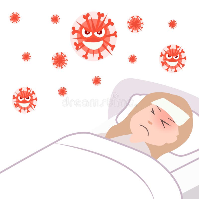 Se infecta la inmunidad del ` s de la muchacha Temporada de gripe Vector el ejemplo de la historieta - mujer dolorida en cama libre illustration Se infecta la inmunidad del ` s de la muchacha Temporada de gripe Vector el ejemplo de la historieta - mujer dolorida en cama libre illustration