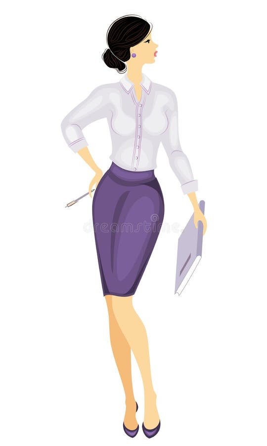 Business lady holding a notebook and pen. Beautiful girl in a strict blouse and skirt. A woman stands, shod in high-heeled shoes. Vector illustration. Business lady holding a notebook and pen. Beautiful girl in a strict blouse and skirt. A woman stands, shod in high-heeled shoes. Vector illustration