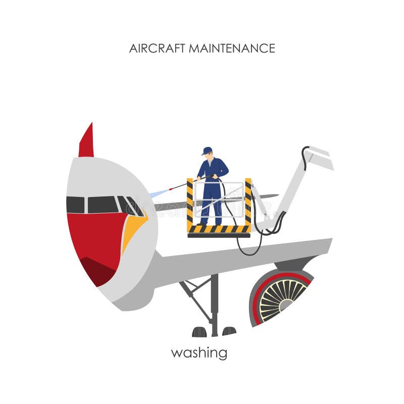 The worker is washing the plane is parked. Aircraft cleaning. Vector illustration. The worker is washing the plane is parked. Aircraft cleaning. Vector illustration