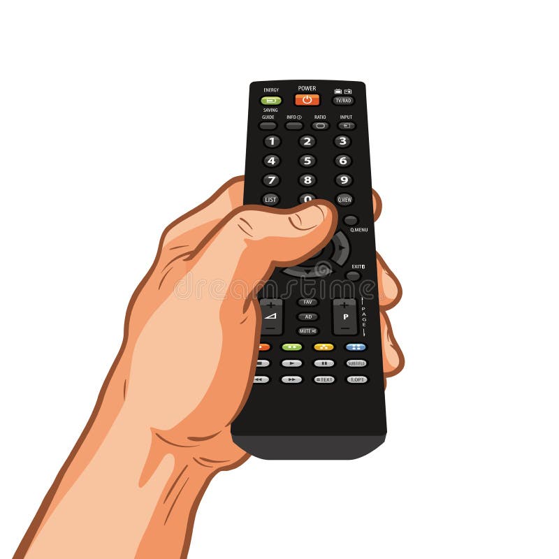TV remote control holding in hand. Vector illustration isolated on white background. TV remote control holding in hand. Vector illustration isolated on white background