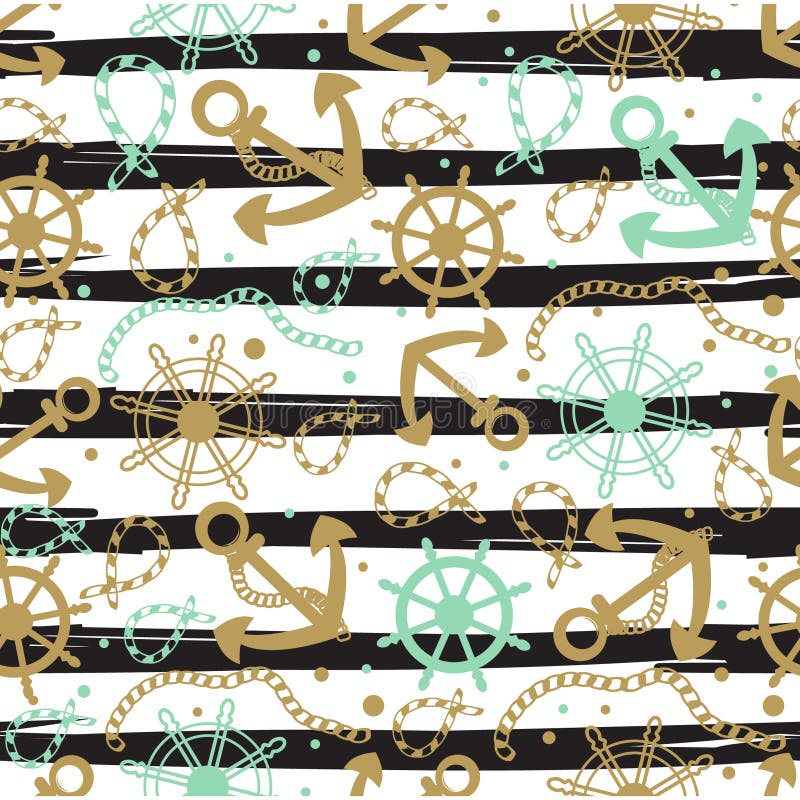 Seamless abstract marine pattern. Sea anchors, rope and wheels. Nautical summer hipster background. Design for paper, wallpaper, textile, fabric, and other progects. Vintage pastel colored pattern