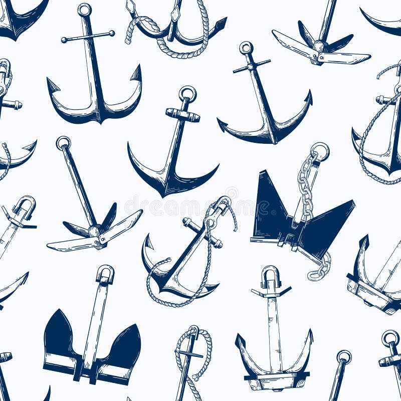 Sea anchors vector seamless pattern. Different ship armature types monochrome texture. Sailboat accessories, nautical vessel equipment monocolor illustration. Textile, wallpaper, wrapping paper design